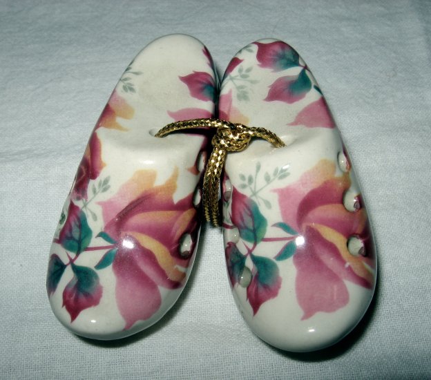 Pair of Small Sallie Robinson Ceramic Clogs (Pomander) w/Pink Painted Flowers.
