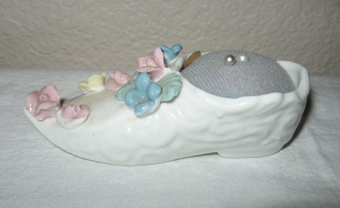 White Porcelain Shoe Pin Cushion, with Flowers