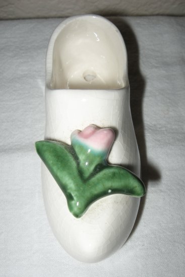 Ceramic White Dutch Clog w/Pink Flower on Top.