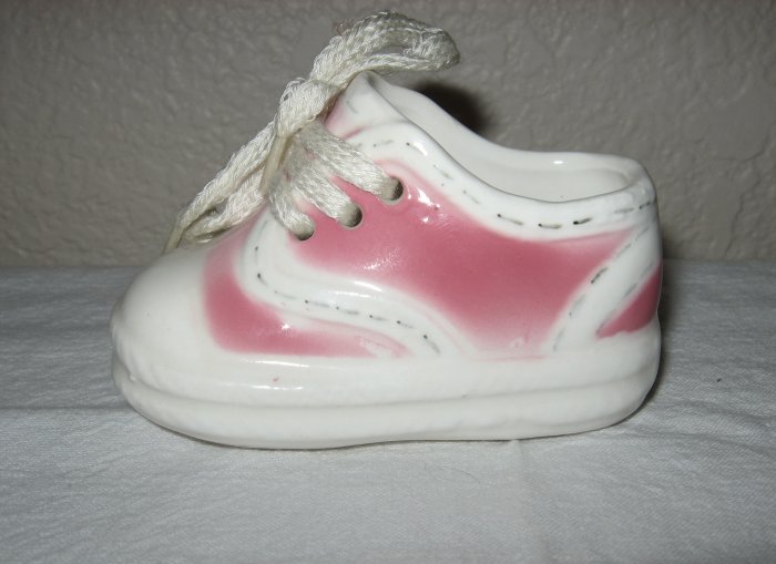 Enesco Pink and White Ceramic Baby Shoe w/Laces (1983).
