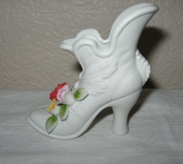 White Bisque Shoe w/Red, Pink and Yellow flowers.