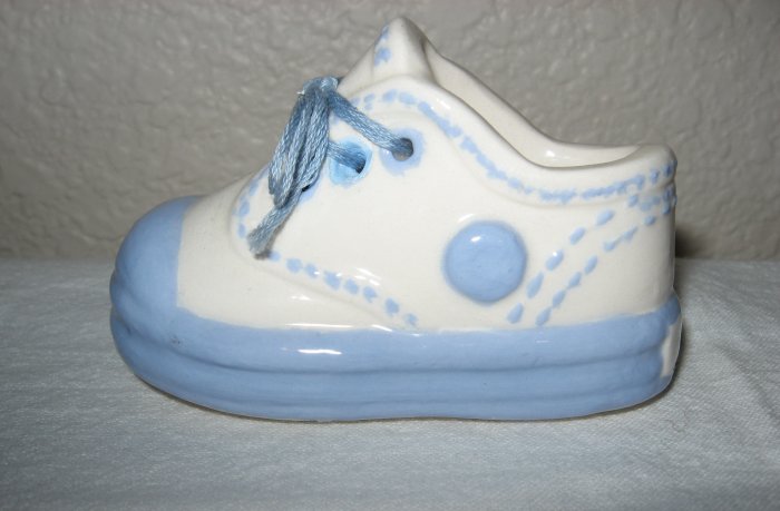 Ceramic Blue and White w/Laces Baby Shoe.