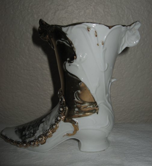 Circa 1900 Old Gorman Porcelain Boot, Trimmed in Some Gilt (Old Court House in Los Angeles).