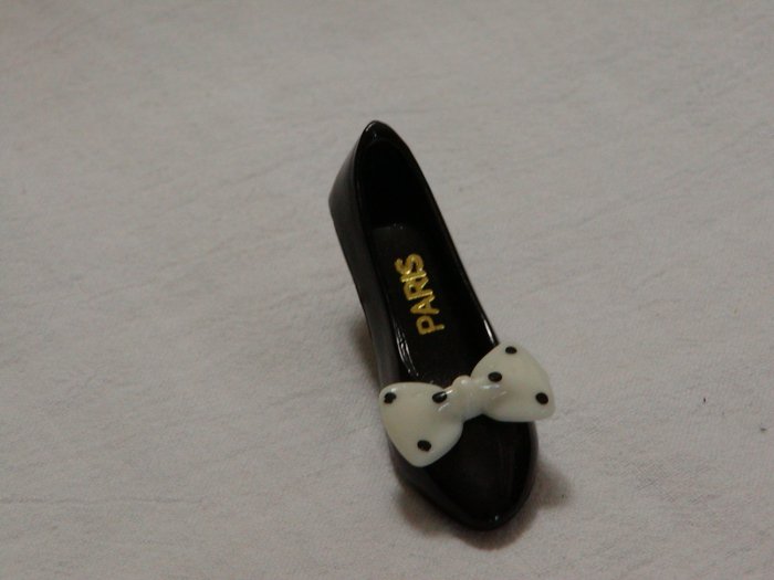 Retro Miniature Black Plastic Shoe with White Polka Dot Bow