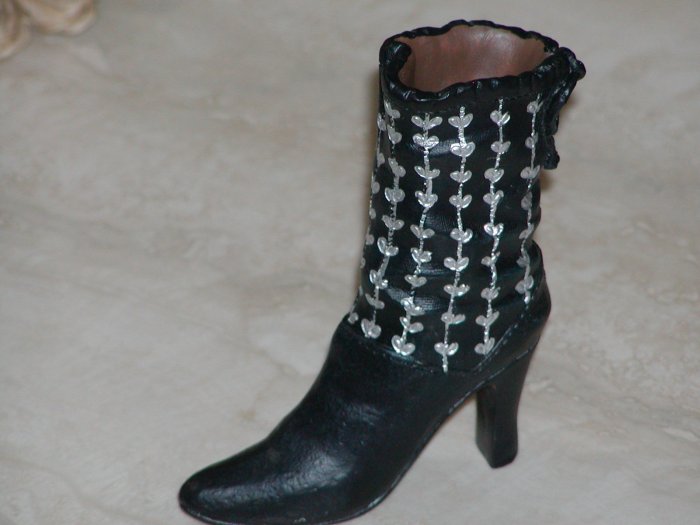 Ladies' Black High Heeled Boot with Silver Decoration
