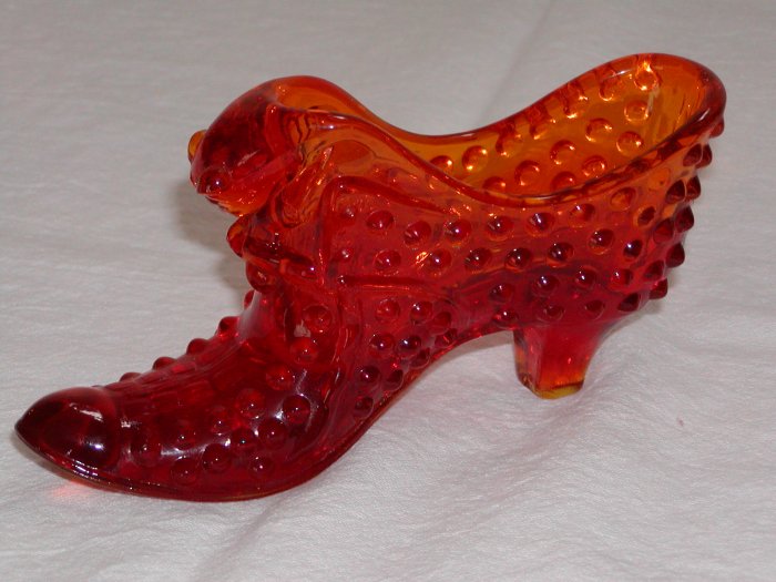 Fenton Orange Hobnail Cat Shoe (believed to be circa 1964).