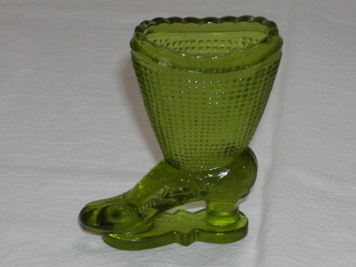 Green Glass Boot on Skates (Central Glass Works of Wheeling, W. Va circa 1964-1974).