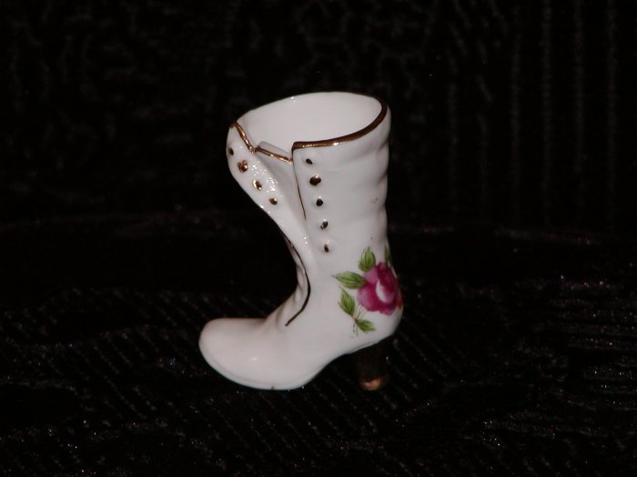 White China Miniature High-Button Boot w/Rose Painted on Heel.