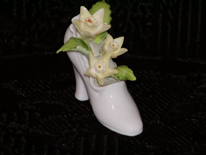 White Georgian Fine Bone China Shoe with Yellow Flowers