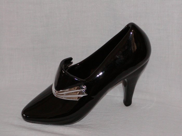 Black plastic Shiny Shoe with Black and Silver Buckle