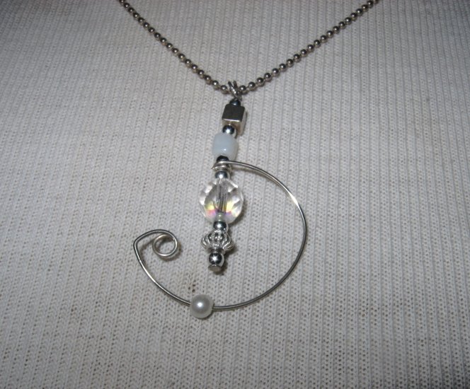 Hand Made Silver Wire Pendant with Clear Glass Bead, Necklace