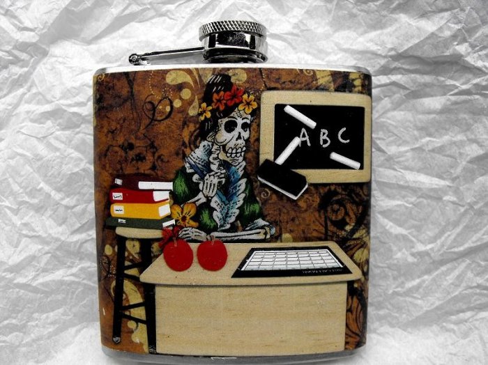 Stainless Steel Flask - 6oz., Day of the Dead Skeleton Teacher in Classroom