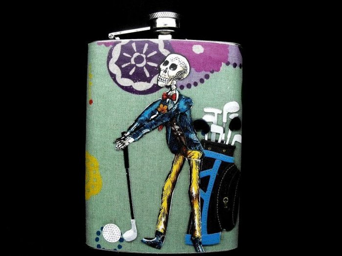 Stainless Steel Flask - 8oz., Day of the Dead Skeleton Golfer