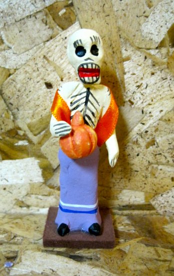 Clay Day of the Dead Figure, Peasant Woman Holding Pumpkin