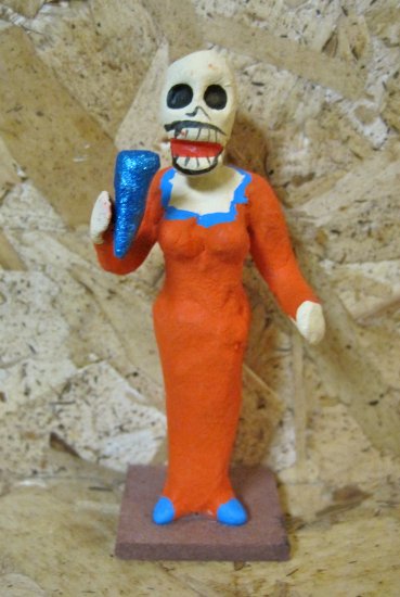 Clay Day of the Dead Figure, Female Singer in Orange