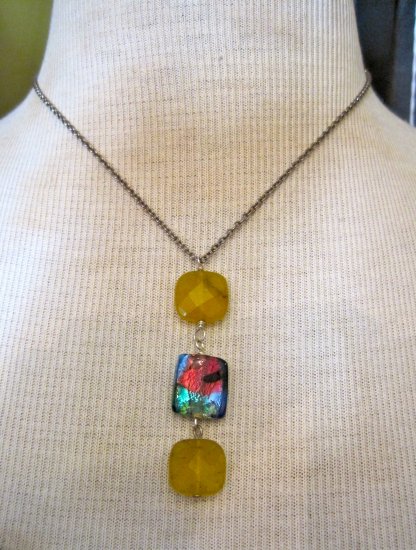 Yellow Carnelian Stones with Multi-Color Glass Bead, Silver Chain Necklace