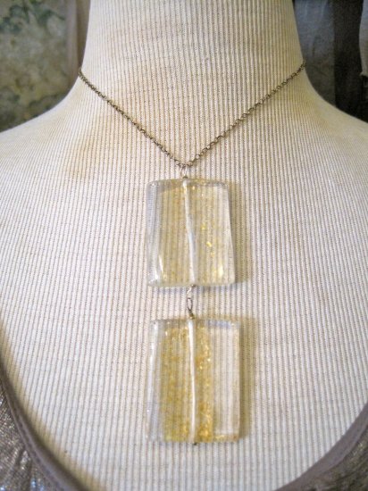 Double Drop Gold Fleck Enamel Squares, Silver Chain Necklace