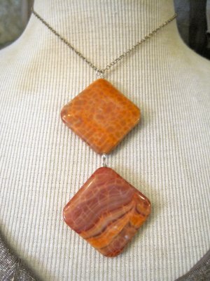 Double Pendant Orange Agate Stone, Silver Chain Necklace