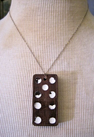 Vintage Brown and White Wooden Domino Pendant 5 & 4, Silver Chain Necklace