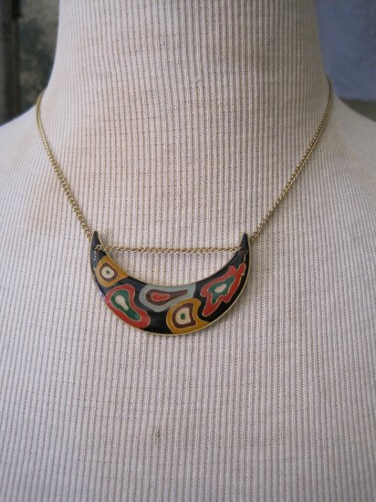 Vintage Japanese Half Moon Colorful Pendant on Gold Chain Necklace