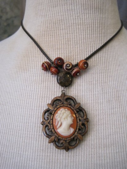 70's Wood Cameo Pendant with Handmade Glass Beads on Leather Cord, Necklace