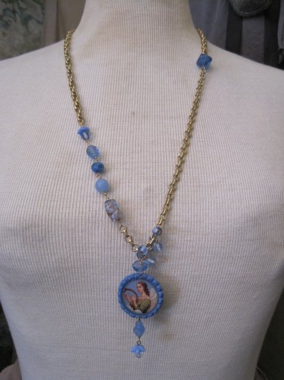 Angel Picture on Bottle Cap with Vintage Blue Beads on Multi Gold Chains, Necklace