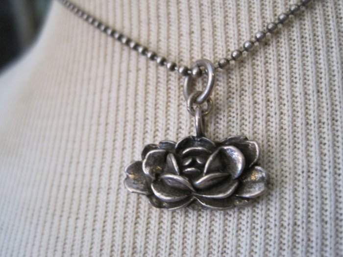 Hand Carved Silver Metal Rose Pendant on Silver Ball Chain, Necklace