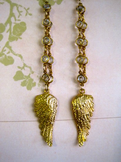 Gold Wrapped Crystals with Gold Angel Wings, Dangle Earrings