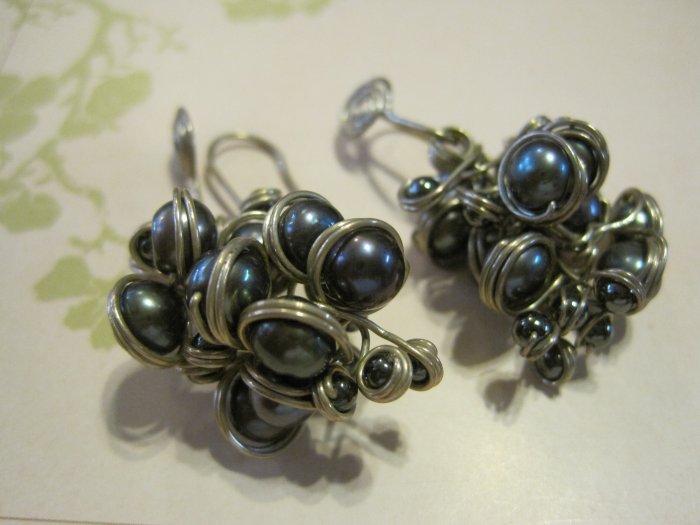 Hand Made Gray Pearl "Grapes", Wrapped in Silver, Earrings