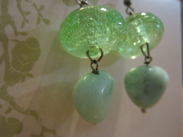 Hand Made Green Glass Beads with Mint Colored Stones, Earrings