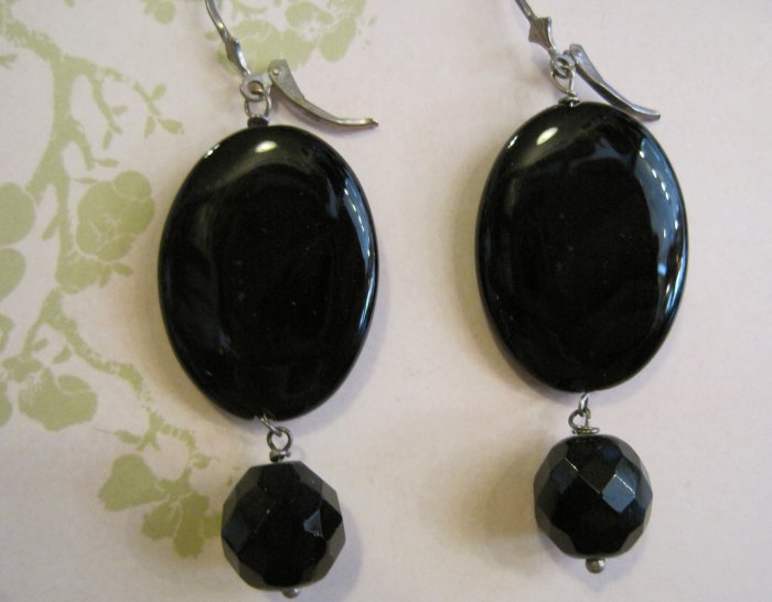 Flat Black Disk Beads with Black Glass Beads, Earrings