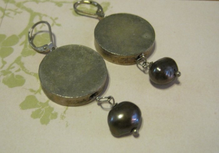 Silver Disc Pendants with Gray Pearl Beads, Earrings