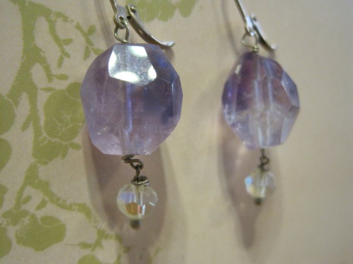 Cut Amethyst Stones with Clear Crystal Beads, Earrings