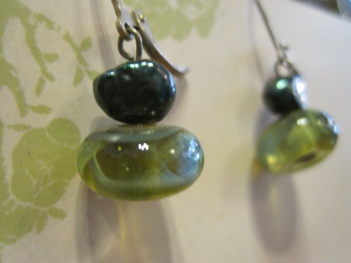 Hand Blown Glass Beads with Blue/Gray Pearls, Earrings