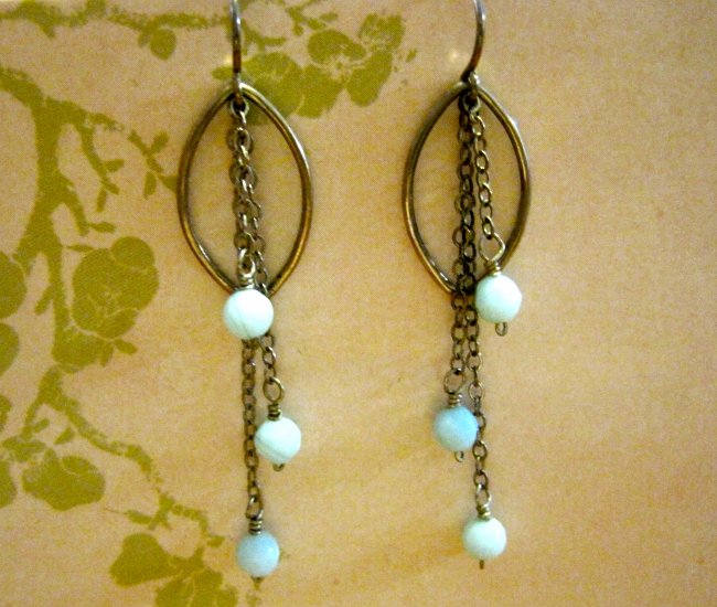 Blue Stone Beads, Silver Chians, Sterling Silver Hoops, Earrings