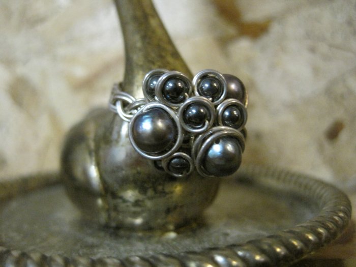 Hand Made Gray Pearls Wrapped in Silver Wire, "Berry" Ring, Size 5.5
