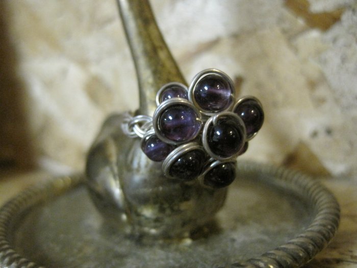 Hand Made Purple Stones Wrapped in Silver Wire, "Berry" Ring, Size 5.5