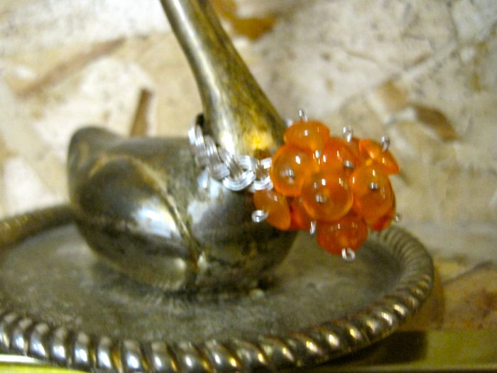 Hand Made Orange Stones Wrapped with Silver Wire, "Daisy" Ring, Size 6