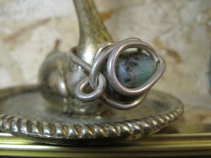 Green Stone Wrapped with Thick Silver Wire, Hand Made Ring, Size 5