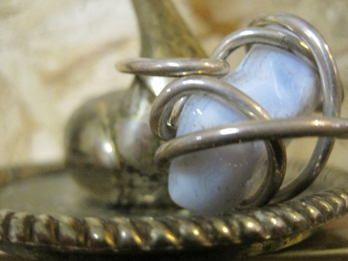 Light Blue Stone Wrapped with Thick Silver Wire, Hand Made Ring, Size 6