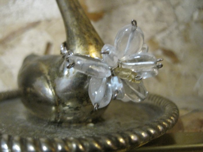 Clear Quartz Stone "Flower" on Hand Braided Silver Wire Ring, Size 5.5