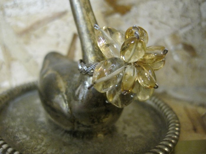 Yellow and Clear Quartz Stone "Flower" on Hand Braided Silver Wire Ring, Size 4.5
