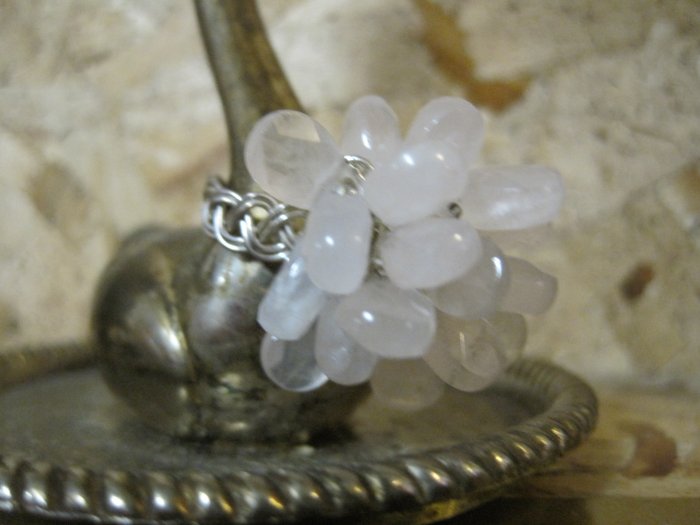 Pink Quartz Stone "Flower" on Hand Braided Silver Wire Ring, Size 6