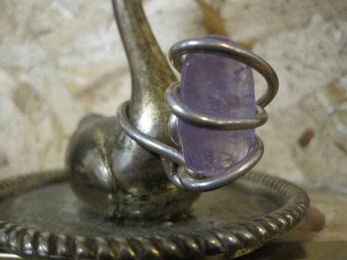 Large Purple Stone Wrapped with Thick Silver Wire, Hand Crafted Ring, Size 5