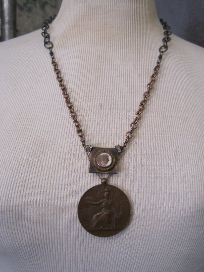 Victorian French Mother of Pearl Button, 1849 Copper Medallion, Copper Chains, Necklace