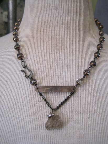 Herkimer Diamond Pendant with Mother of Pearl Accent, Beaded Necklace
