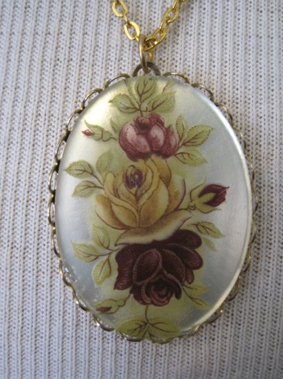 Yellow and Purple Roses on Mirror Cameo Pendant, Necklace