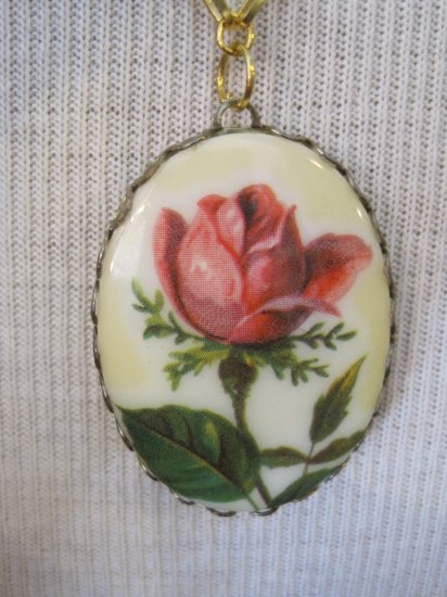 Pink Rose Bud Cameo Pendant, Necklace