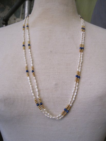Vintage Double Strand Pearl and Blue Stone Beads, Necklace