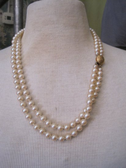 Vintage Double Stand Faux Pearl Necklace, Unique Clasp